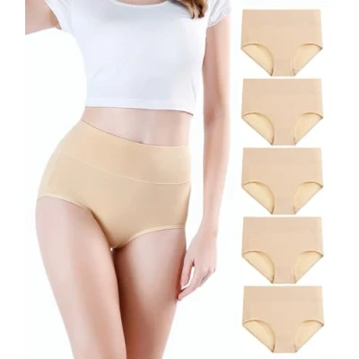 Abbildung von wirarpa Damen Unterhosen Baumwolle Slips Hoher Taille Atmungsaktive Taillenslip Wochenbett Unterwäsche Mehrpack Größen 32 58, Beige 5er Pack, X Small(32/34)