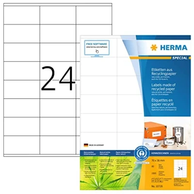 Abbildung von HERMA 10728 Recycling Etiketten, 80 Blatt, 70 x 36 mm, 24 pro A4 Bogen, 1920 Stück, selbstklebend, bedruckbar, matt, blanko Papier Klebeetiketten Aufkleber, natur weiß