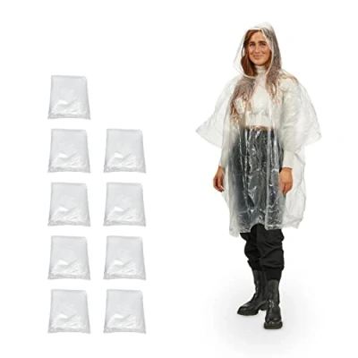 Abbildung von Relaxdays Regenponcho Einweg, 10er Set, Einmalregencape mit Kapuze, Erwachsene, Notfallponcho Damen, Herren, transparent, Einheitsgröße