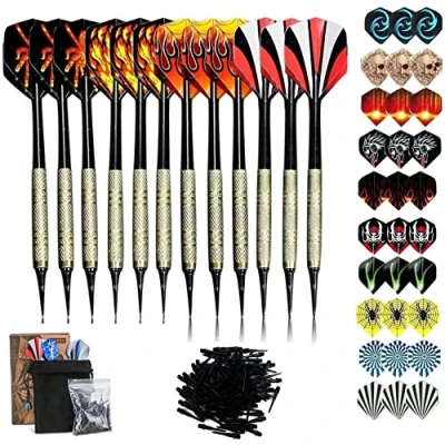 Abbildung von Sinwind Dartpfeile mit Kunststoffspitze, 12 Stück Soft Set für Elektronische Dartscheibe, Softdart Pfeile 30 zusätzlichen Flights 10 Motive, 100 Kunststoff Dartspitzen Zum Austauschen