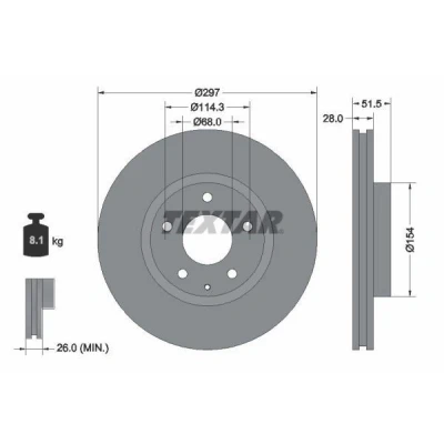 Abbildung von TEXTAR 92257405 Bremsscheibe 297 28 05/06 114,3 innenbelüftet beschichtet hochgekohlt ohne Radbefestigungsbolzen, Radnabe MAZDA: 6 Saloon, CX 5 I