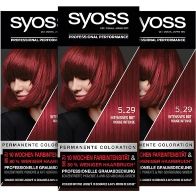 Abbildung von Syoss Color Coloration 5_29 Intensives Rot Stufe 3 (3 x 115 ml), permanente Haarfarbe für bis zu 10 Wochen Farbintensität und 70% weniger Haarbruch*