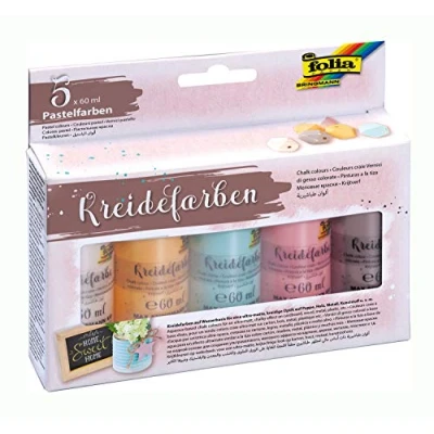Abbildung von folia 35019 Kreidefarben auf Wasserbasis, 5 x 60 ml, beige, apricot, hellblau, rosa und pastellbraun, ultra matt, kreidige Optik für Pappe, Holz, Metall, Kunststoff
