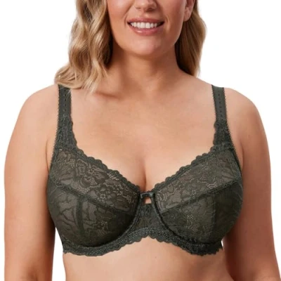 Abbildung von DELIMIRA Damen Minimizer BH Große Größen ohne Polster Vollschalen mit Spitze Olivgrün 80D