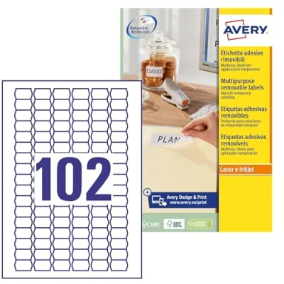 Abbildung von AVERY Zweckform L3410REV 25 Preis Etiketten (2.550 Preisaufkleber, 26x16mm auf A4, bedruckbar, selbstklebend, wieder rückstandsfrei ablösbar, für temporäre Preisauszeichnungen/Angebote) Blatt, weiß