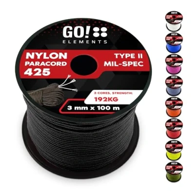 Abbildung von GO!elements 100m Paracord Seil aus reißfestem Nylon 3mm 425 Typ II max. 192kg Schnüre als Outdoor, Allzweckseil, Survival, Armband, Hundeleine, Nylonschnur, Farbe:Schwarz