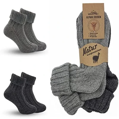 Abbildung von MOUNTREX Alpaka Socken, Wollsocken für Damen, Herren Stricksocken, Haussocken 2 Paar, Grau/Dunkelgrau (Dick wie gestrickt, mit Umschlag), 43 46