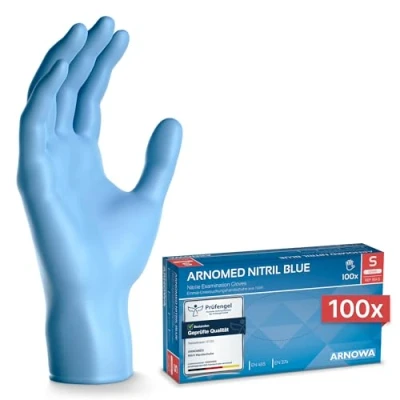 Abbildung von ARNOMED Nitril Einweghandschuhe 100 Stück/Box, S, puderfreie &amp; latexfreie Einmalhandschuhe, Blaue Nitrilhandschuhe, in Gr. XS, M, L, XL XXL verfügbar