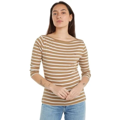 Abbildung von Tommy Hilfiger Damen Langarmshirt Slim U Boot Ausschnitt, Mehrfarbig (Breton Stp/ C Khaki/ Ecru), XXS