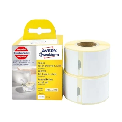 Abbildung von AVERY Zweckform AS0722370 Dymo Labelwriter Adressetiketten kompatibel zu S0722370 (28x89mm, 2 Rollen260 Adressaufkleber, selbstklebend, für LW Etikettendrucker/Beschriftungsgerät/Etikettenband)