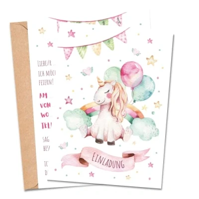 Abbildung von MeinBaby123® 10 Einladungskarten Kindergeburtstag Mädchen süße Geburtstagseinladungen für Kinder Einhorn inkl. Briefumschläge Premium Qualität (Einhorn V4)