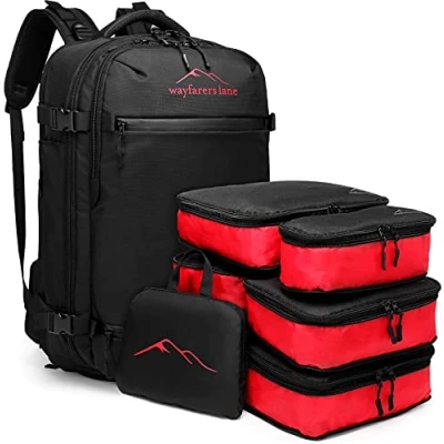Abbildung von Wayfarers Lane Reiserucksack CARRIER All in One 8 1 Set Carry On Handgepäck inkl. 5 Packing Cubes, Falt Rucksack, Schuh &amp; Powerbankfach 40l + 20 Liter, geeignet als Boardgepäck
