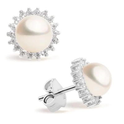Abbildung von Damen Perlenohrringe mit 8 9 mm Süßwasser Zuchtperlen Weiß Zirkonia SECRET &amp; YOU Perlenohrstecker 925er Sterlingsilber