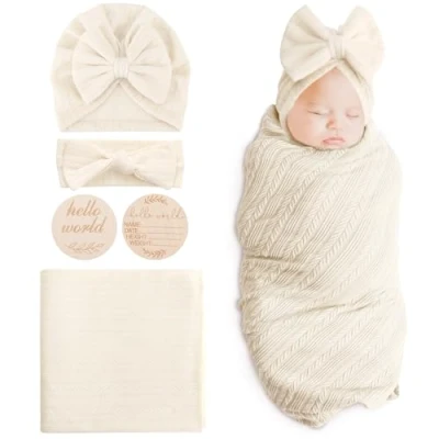 Abbildung von DRESHOW Baby Pucktuch Decke Neugeborenen Swaddle Pucksack mit Bogen Mütze Stirnband