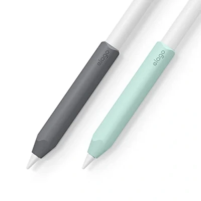 Abbildung von elago 2er Paket Silikongriff Kompatibel mit Apple Pencil USB C, 2. und 1. Generation, Ergonomische Design Magnetischer Aufladung Double Tap (Dunkelgrau/Grün)