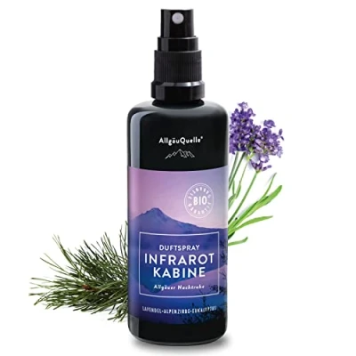 Abbildung von AllgäuQuelle® BIO Infrarotkabine Duftspray mit 100% Öle. Allgäuer Nachtruhe Lavendel Alpenzirbe Eukalyptus (100ml). Natürlicher Infrarotsauna duft m. ätherische Infrarotkabinen Duftöl