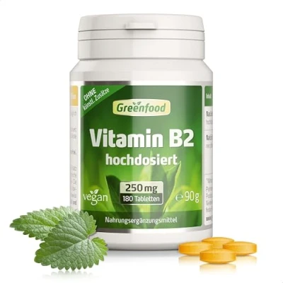 Abbildung von Vitamin B2 Hochdosiert 250mg pro Tag (180 vegane Tabletten) Riboflavin unterstützt Energiestoffwechsel, Haut und Nerven ohne Zusätze, Gentechnik, laborgeprüft Greenfood