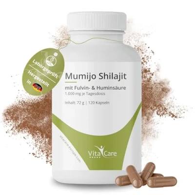 Abbildung von VitaCare Mumijo Shilajit Kapseln, 120 vegane &amp; hochdosierte Kapseln mit 100% reinem Himalaya Extrakt, 1000mg pro Tagesdosis 62% Fulvin Huminsäure,