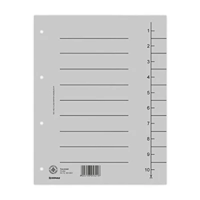 Abbildung von DONAU 8610001 13 100er Pack Trennblätter, Farbe: Grau/ Karton Register überbreit Aus Recycling 250 g/qm mit Linienaufdruck für DIN A4 4 Fach Lochung Trennlaschen Trennblätter Ordner