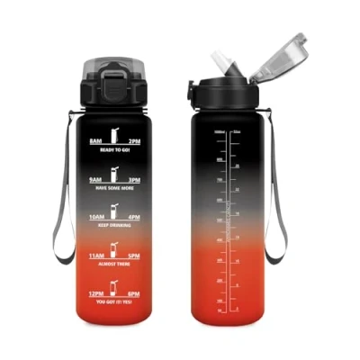Abbildung von Sportflasche 1L, Wasserflasche mit Strohhalm, Kohlensäure Geeignet, Motivierende Trinkflasche Zeitmarkierung, Auslaufsicher für Klettern, Reisen, Fitnessstudio, Sprudel, Wandern