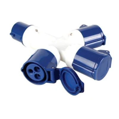 Abbildung von Perel Stromverteiler, 16 A/230 V, 3500 W, CEE Stecker auf 3 x Kupplung, für innen und außen, ABS, blau