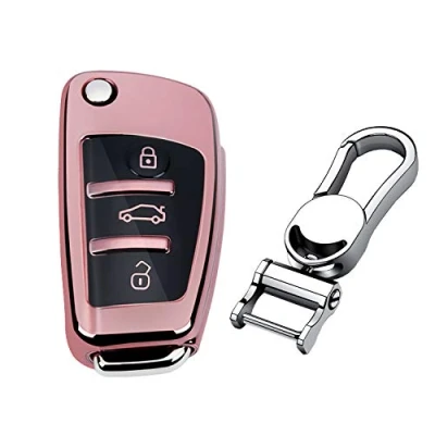 Abbildung von M.JVisun TPU Weich Autoschlüssel Fall für Audi A1 A3 A4 A6 A8 Quattro Q2 Q3 Q7 R8 RS3 RS6 S3 S6 TT TTS Silikon Schlüssel Hülle Glänzend Rosa Metall Schlüsselbund