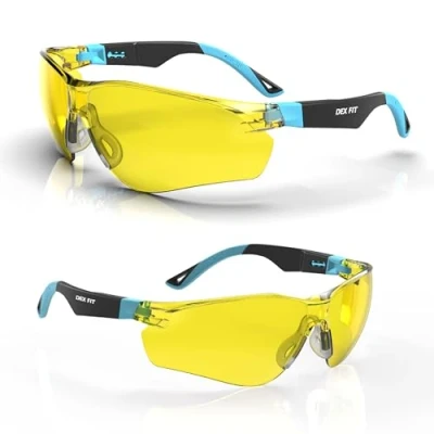 Abbildung von DEX FIT Schutzbrille SG210, Z87 Augenschutz, Beschlagfrei und Kratzfest, Verstellbar, Blaulichtfilter Brille Herren Damen UV (Schwarzer Blauer Rahmen, Gelbe Gläser)