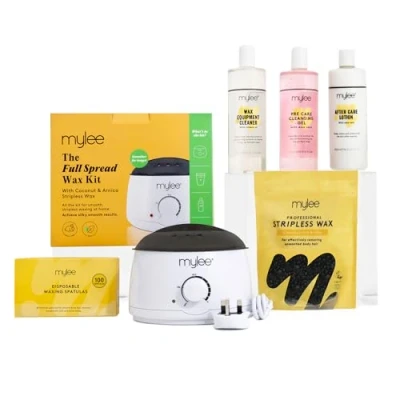 Abbildung von Mylee Professional Komplett Wachsset mit Wachserhitzer, Hartwachs 500 g, Applikatorspatel, Vor und Nachpflegegel, Gerätereiniger (Holzkohle grüner Tee)