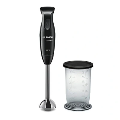 Abbildung von Bosch MSM2610B Stabmixer CleverMixx, 600 W, Vier Klingen Messer QuattroBlade, Edelstahl Mixfuß, Mix /Meßbecher, piano schwarz/anthrazit