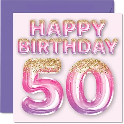 Abbildung von Geburtstagskarte zum 50. Geburtstag für Frauen rosa und lila Glitzerballons Happy Karten 50 Jahre alte Frau Mama Nanny Grandma Gran Auntie, 145 mm x Grußkarten