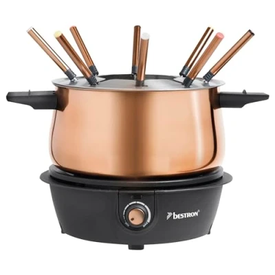 Abbildung von Bestron elektrische Fondue Set für bis zu 8 Personen, mit 8x Fonduegabeln &amp; stufenlosen Thermostat, inkl. Spritzschutz, Farbe: Kupfer
