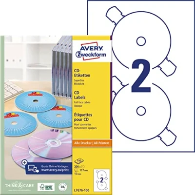 Abbildung von AVERY Zweckform L7676 100 selbstklebende CD Etiketten (200 blickdichte Aufkleber, Ø 117mm auf A4, SuperSize, Papier matt, bedruckbare Klebeetiketten für alle A4 Drucker) Blatt, weiß