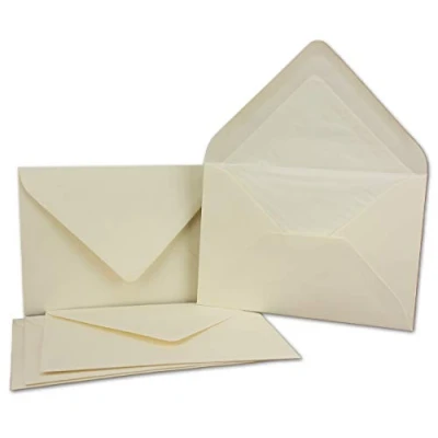 Abbildung von 50x Kuverts in Naturweiss Brief Umschläge DIN B6 12,5 x 17,6 cm geripptes Papier weißes Seidenfutter für Weihnachten &amp; festliche Anlässe