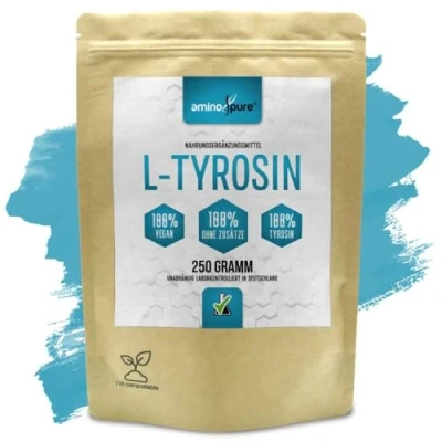 Abbildung von aminopure® Tyrosin Pulver pur reines L ohne Zusatzstoffe Fermentation aus Mais (gentechnikfrei) 100% vegan und schadstoffgeprüft im Labor 250 Gramm