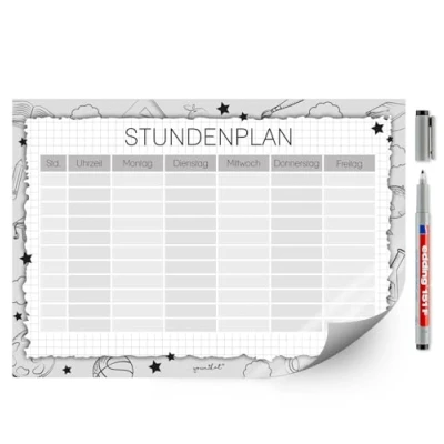 Abbildung von younikat Stundenplan im schwarz/weiß Design mit selbstklebender Rückseite I DIN A4 zum Schulanfang abwischbar wiederbeschreibbar dv1453