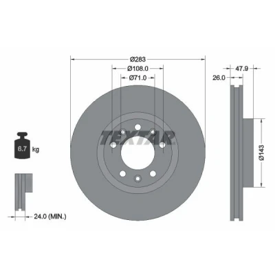 Abbildung von TEXTAR PRO 92267903 Bremsscheibe 283 26 05/08 108 innenbelüftet beschichtet ohne Radbefestigungsbolzen, Radnabe PEUGEOT: 308 I SW, SW 2