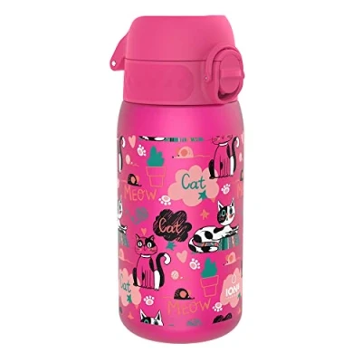 Abbildung von ION8 Kinder Trinkflasche, 350ml, Auslaufsicher, Einhandöffnung, Sichere Verriegelung, Spülmaschinenfest, BPA frei, Tragegriff, Klappdeckel, Leicht zu Reinigen, Klimaneutral, Katzendesign Design