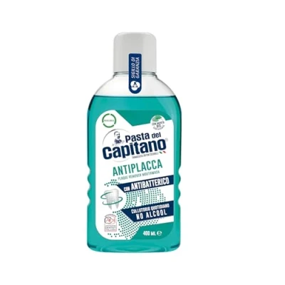 Abbildung von Pasta del Capitano, Antiplaque Mundwasser, Alkoholfreies tägliches Übt eine effektive Wirkung aus, Mit antibakterieller Wirkung, 100% Made in Italy, 400 ml Flasche