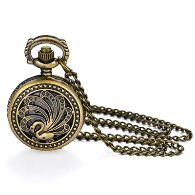 Abbildung von JewelryWe Taschenuhr mit Pfauen Gravur, klassische Steampunk Quarz Taschenuhr, Retro, Bronze, Anhänger, Halskette, für Herren und Damen