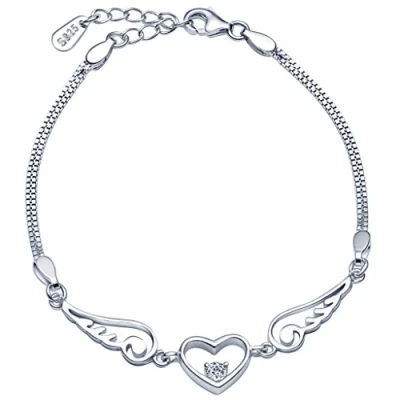 Abbildung von Unendlich U Fashion Herz Engelsflügel Damen Armband 925 Sterling Silber Armkette Verstellbar Charm Armkettchen Armreif,