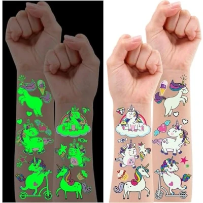 Abbildung von Leesgel Tattoo Kinder Einhorn, 120 Stück Leucht Einhorn Kindertattoos Sticker Aufkleber Kinder, Geburtstagsdeko Mädchen Geschenke für Mitgebsel Kindergeburtstag