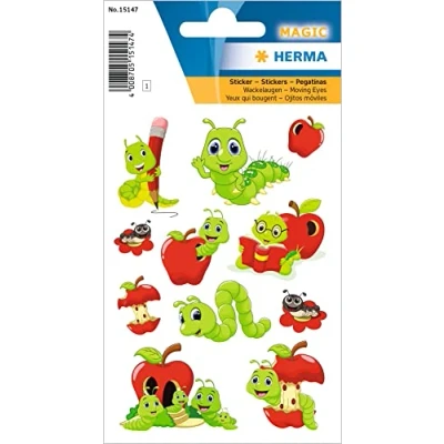 Abbildung von HERMA 15147 Aufkleber Wurm klein groß, 11 Stück, Wackelaugen Tiere Sticker mit Raupe Apfel Motiv, Kinder Etiketten für Fotoalbum Tagebuch Poesiealbum Scrapbooking Geburtstag Dekoration Briefe Basteln
