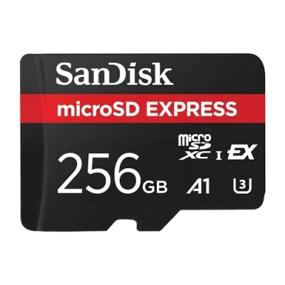 Abbildung von SanDisk micro SD Express, 256 GB Karte, Lesegeschwindigkeit/Schreibgeschwindigkeit bis zu 880/480 MB/s, 4,4 mal höhere Lesegeschwindigkeiten als unsere schnellste microSD, Class 10, U3