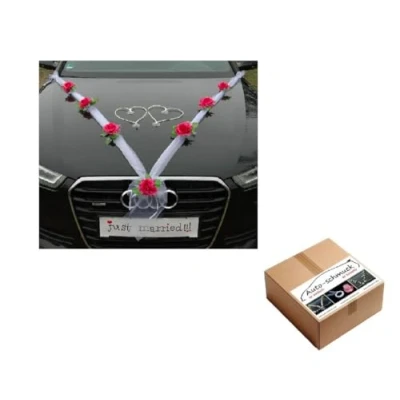 Abbildung von ORGANZA M + HERZEN Braut Paar Rose Deko Dekoration Autoschmuck Hochzeit Car Auto Wedding Ratan Girlande ®Auto schmuck PKW (Burgund/Weiß/Weiß)