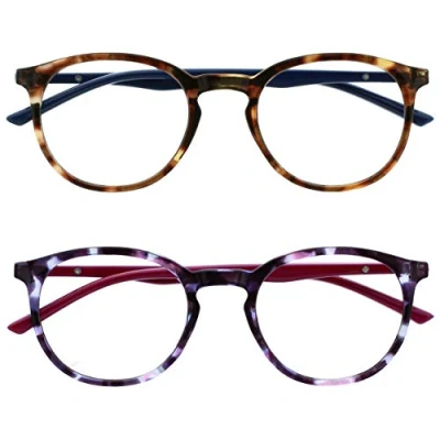 Abbildung von OPULIZE Met Lesebrille Blaulichtfilter 2er Pack Schlank Runder Rahmen Federscharniere Verbessert Schlaf Computer Gaming Entspiegelt Braun Lila Herren Damen BB60 25 +1.50