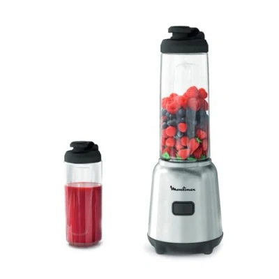 Abbildung von Moulinex Mix &amp; Move Standmixer, 300 W, Gesamtkapazität 0,8 l, Nutzinhalt 0,6 2 Tritan Flaschen, kompakt, ergonomisch, abnehmbare Klingen LM15FD10, Metall