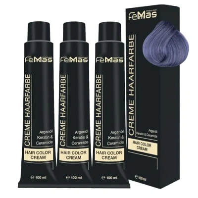 Abbildung von FemMas Haarfarbe 3x Metallic Blau I Professionelle Creme mit Arganöl, Keratin &amp; Ceramiden Als dauerhafte Haarfärbung oder Tönung für strahlende, haltbare Farbergebnisse 100 ml