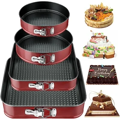 Abbildung von FAMKEEP Springform Kuchenform Set 4 Stück Kuchenformen,Abnehmbarer Flachboden,Auslaufsicher Antihaft,Runde Backform,Tortenform zum Backen Verschiedener Kuchen unt Brot (16/20/22/26 cm) Rot