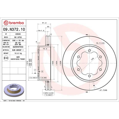 Abbildung von BREMBO Bremsscheibe FORD: Transit Mk7 Van, Platform / Chassis 338mm 33mm 6 innenbelüftet 09.N372.10 Bremsscheiben, Scheibenbremsen