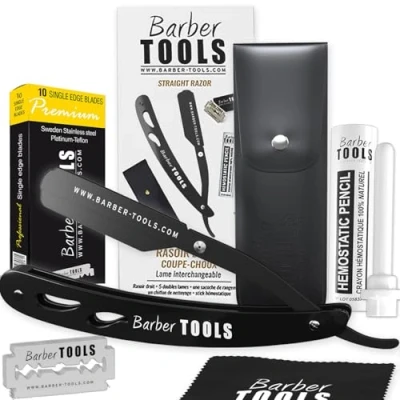 Abbildung von BARBER TOOLS ✮ Rasiermesser mit Box und 5 Rasierklingen + Poliertuch Etui